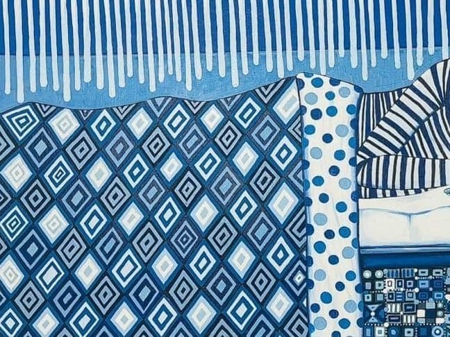 Detail of blue patterned textiles in a painting by Blaise Afrique