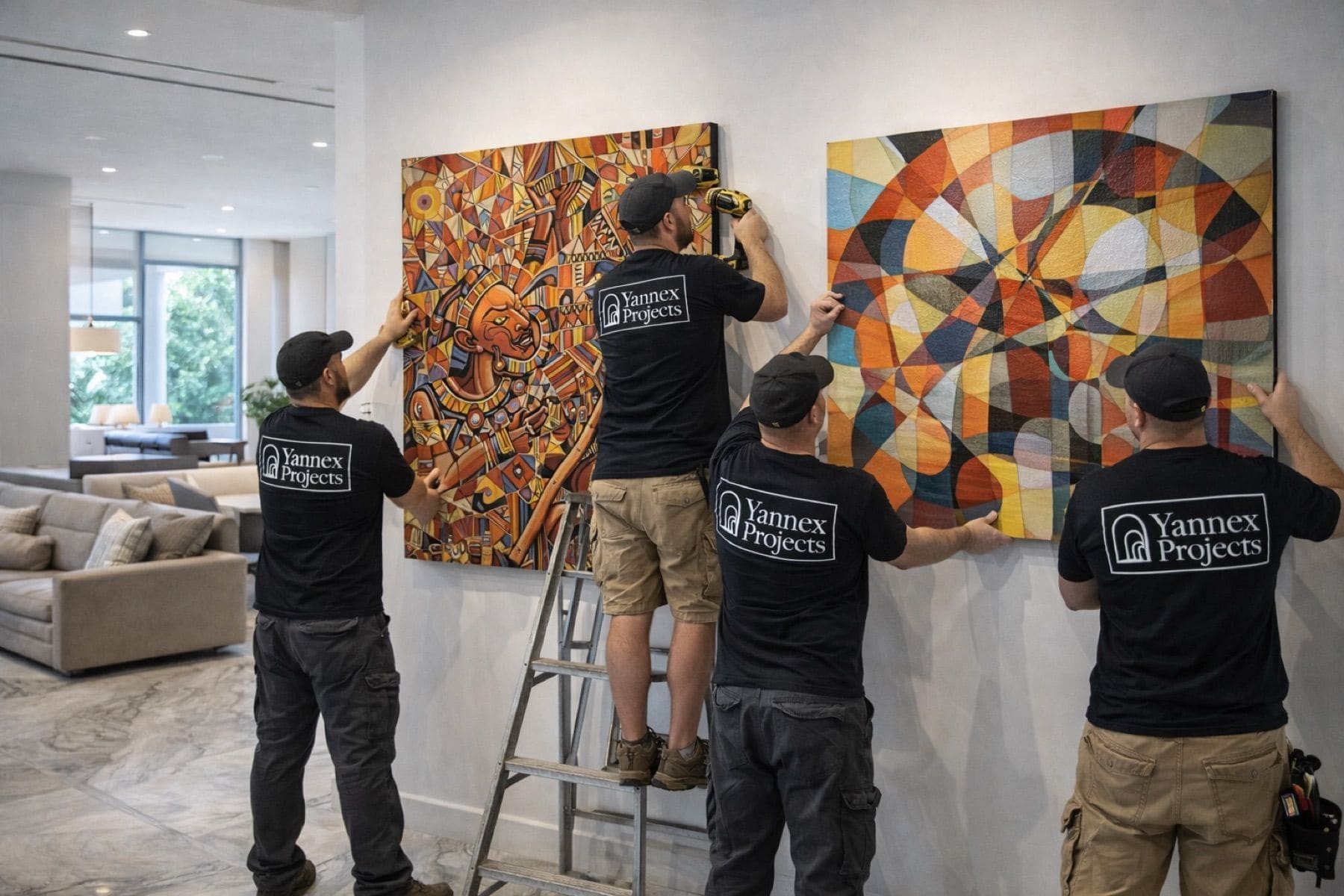 Yannex Projects team installing large paintings in a residence